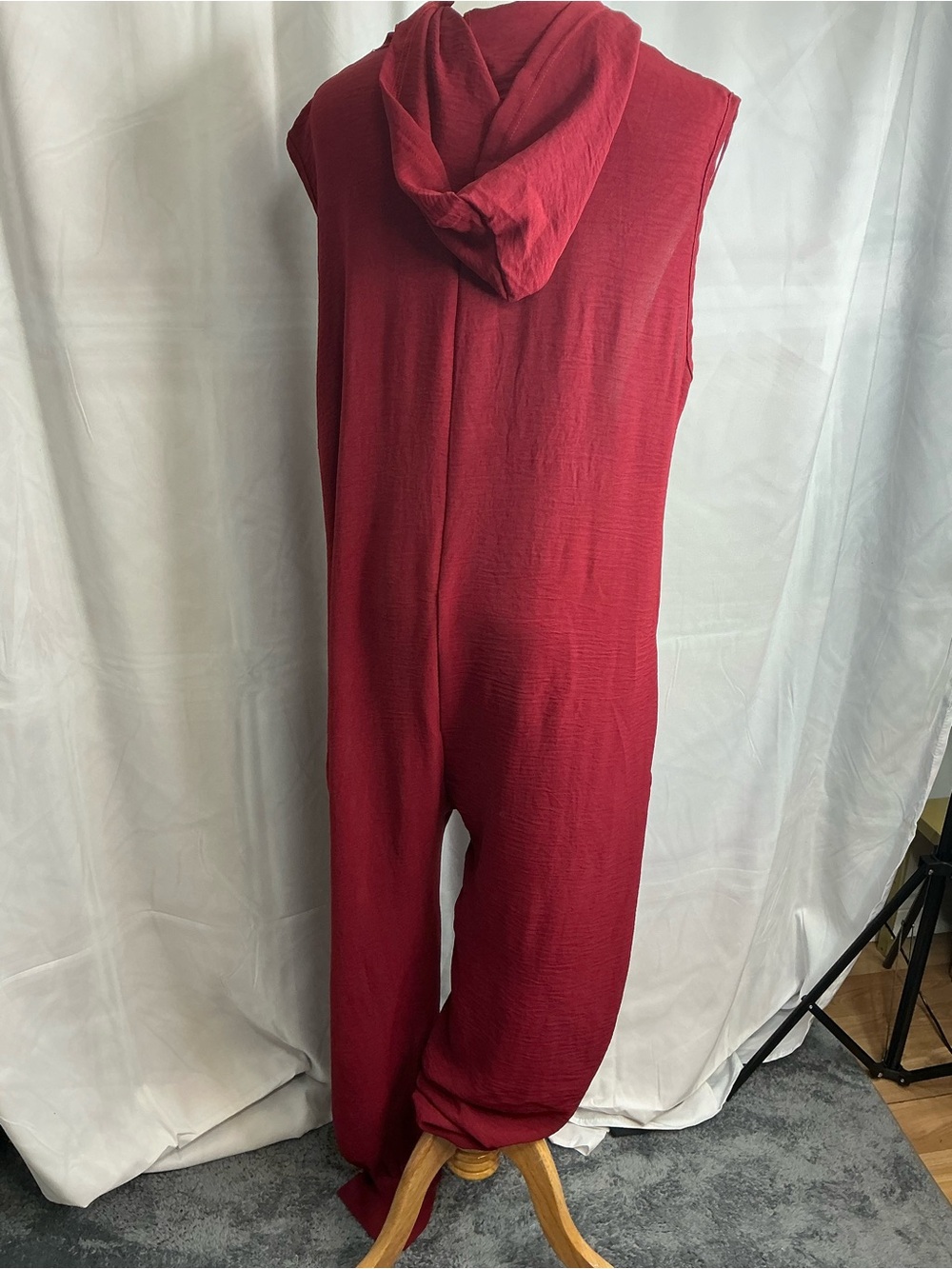 2378-Boho Oversized Hooded Harem Jumpsuit Sleeveless Henley Red Large - Picture 5 of 10